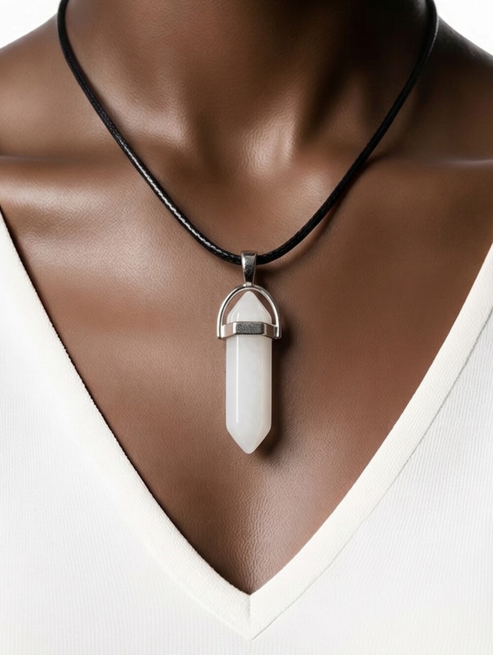 White Jade Hex Crystal Point Pendant Necklace Double Terminated Gemstone